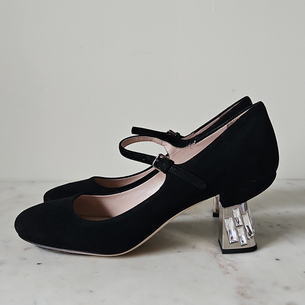 MIU MIU: Stunning Black Suede Crystal Block Mary Jane Heels